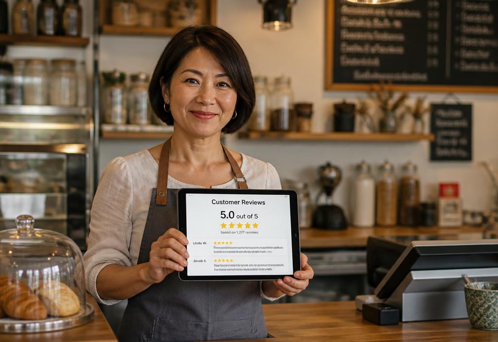 Shop owner reviewing 5-star customer reviews on a tablet