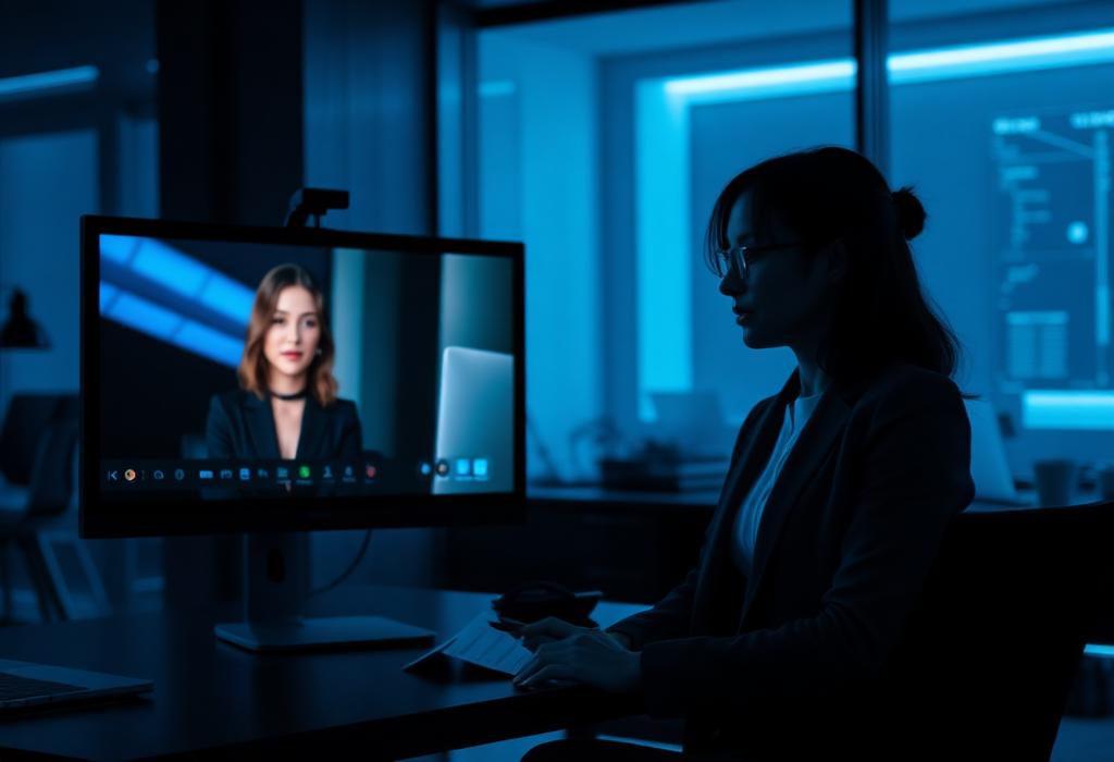 Businesswoman on a video call beside her digital avatar