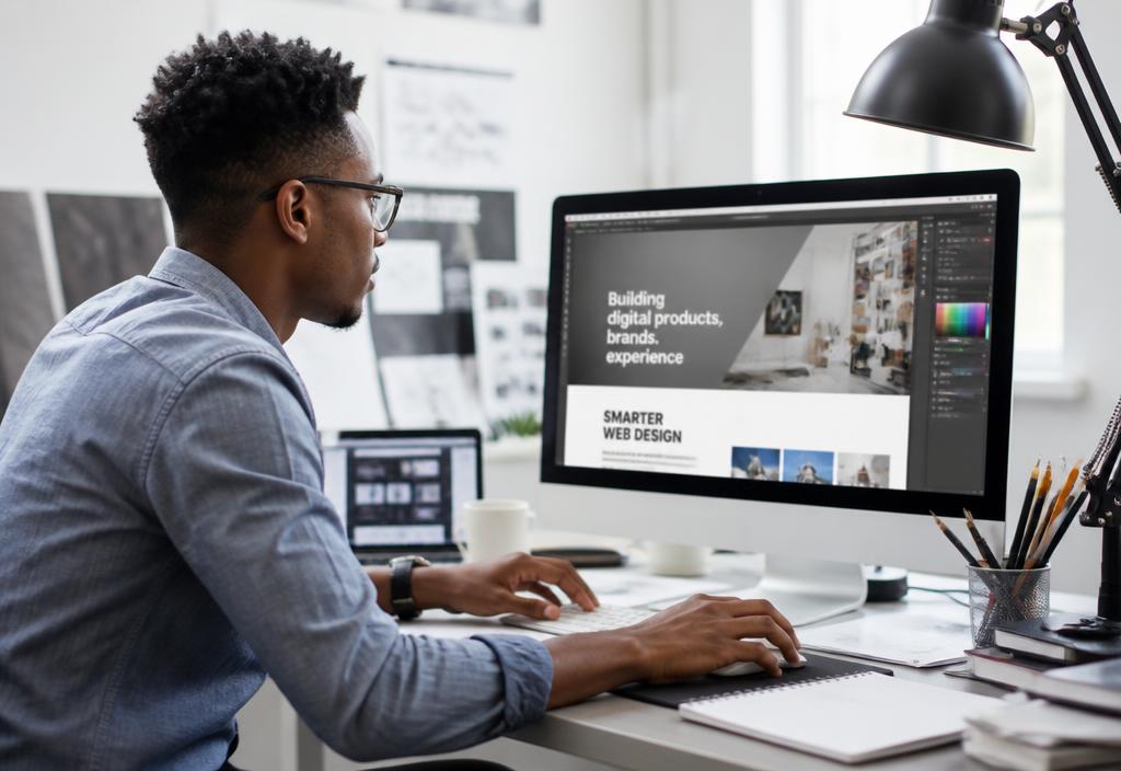 Designer building a website layout on a large monitor